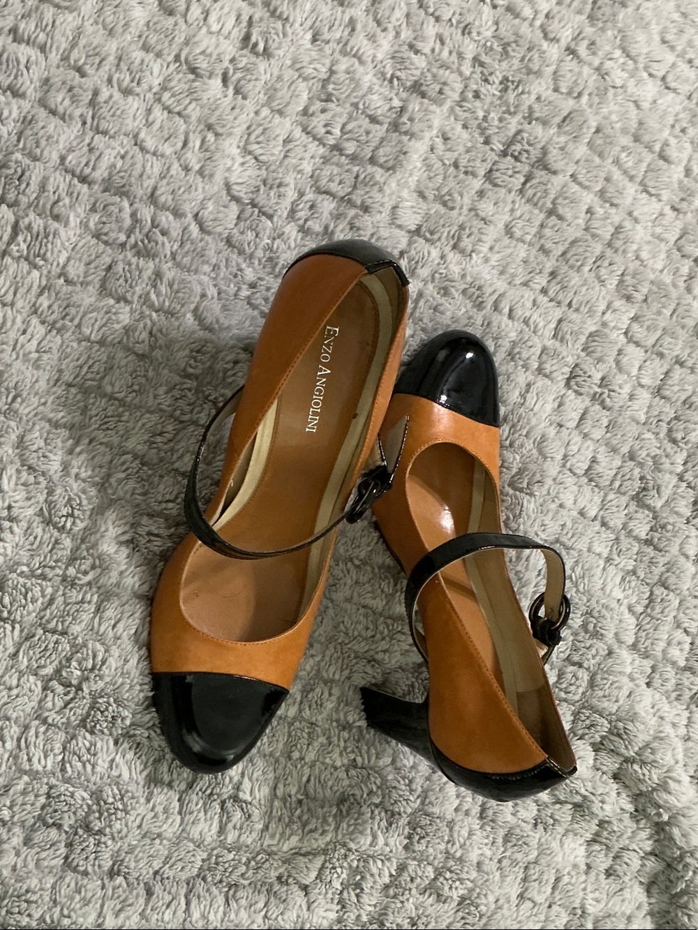 Enzo Angiolini Tan Leather Mary Jane Heels with Black Patent Cap Toe
